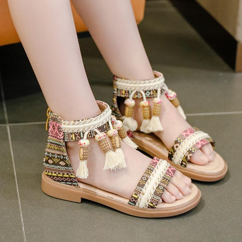 Children's Roman Shoes, Girls' Sandals, Summer Korean Edition, Middle and Large Children's Soft Bottom, Ethnic Style, Retro, Student Shoes