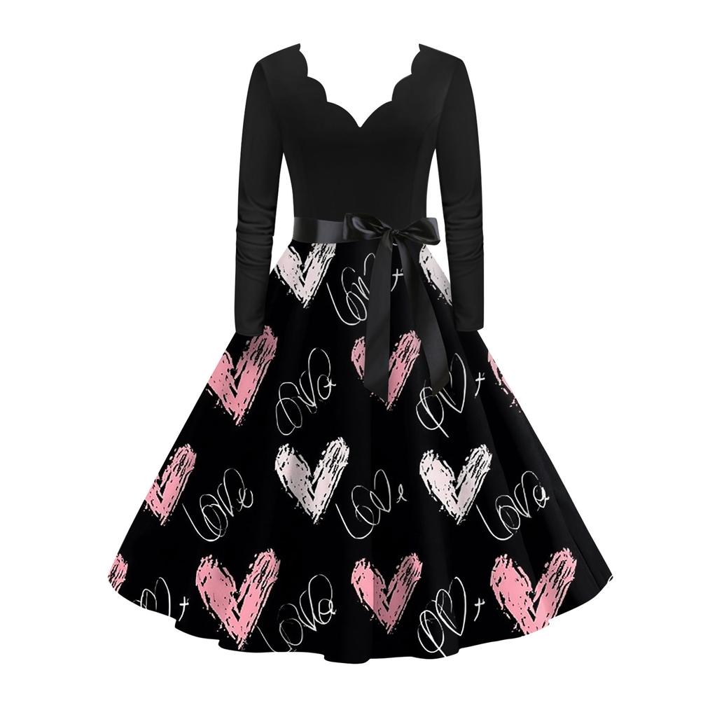 Women's stylish and elegant long,sleeved V,neck heart,shaped dress for Valentine's Day