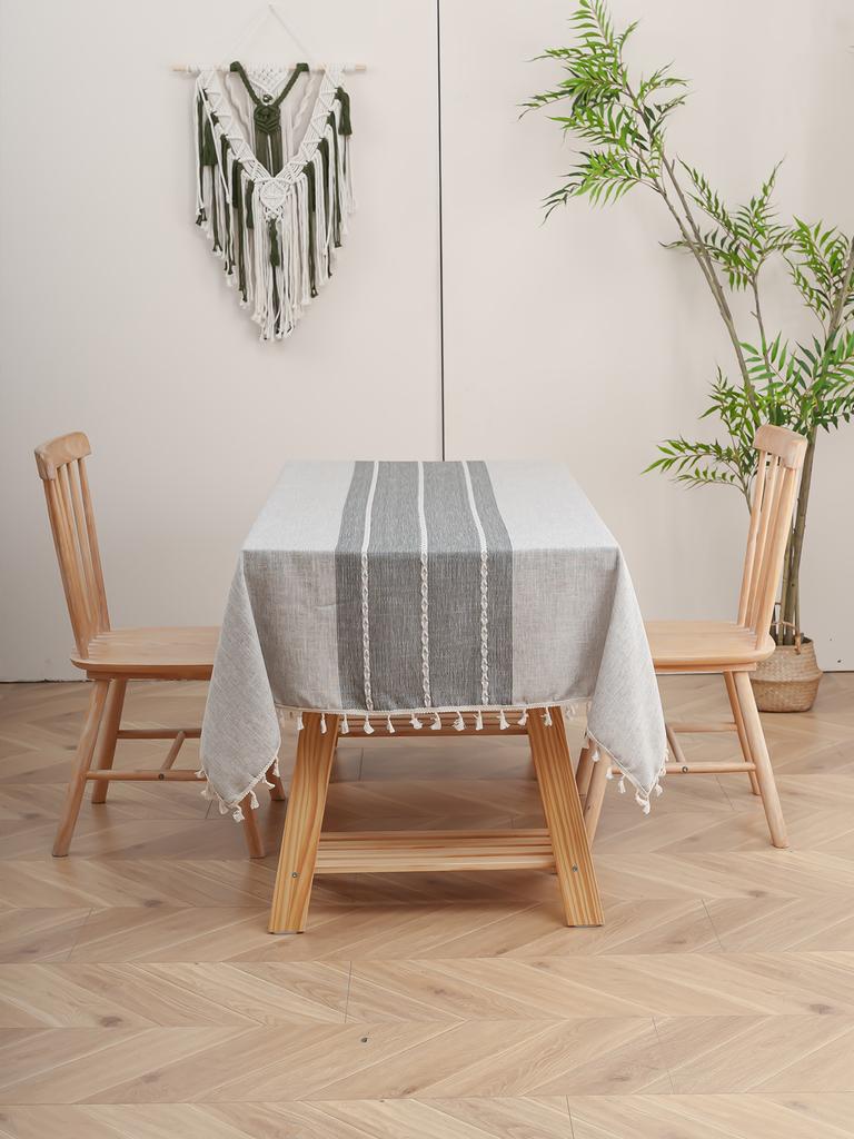 Graue und weiße gestreifte Hängequasten-Tischdecke für Wohnzimmer, Schlafzimmer, einfarbige Esstischdekoration, rutschfest