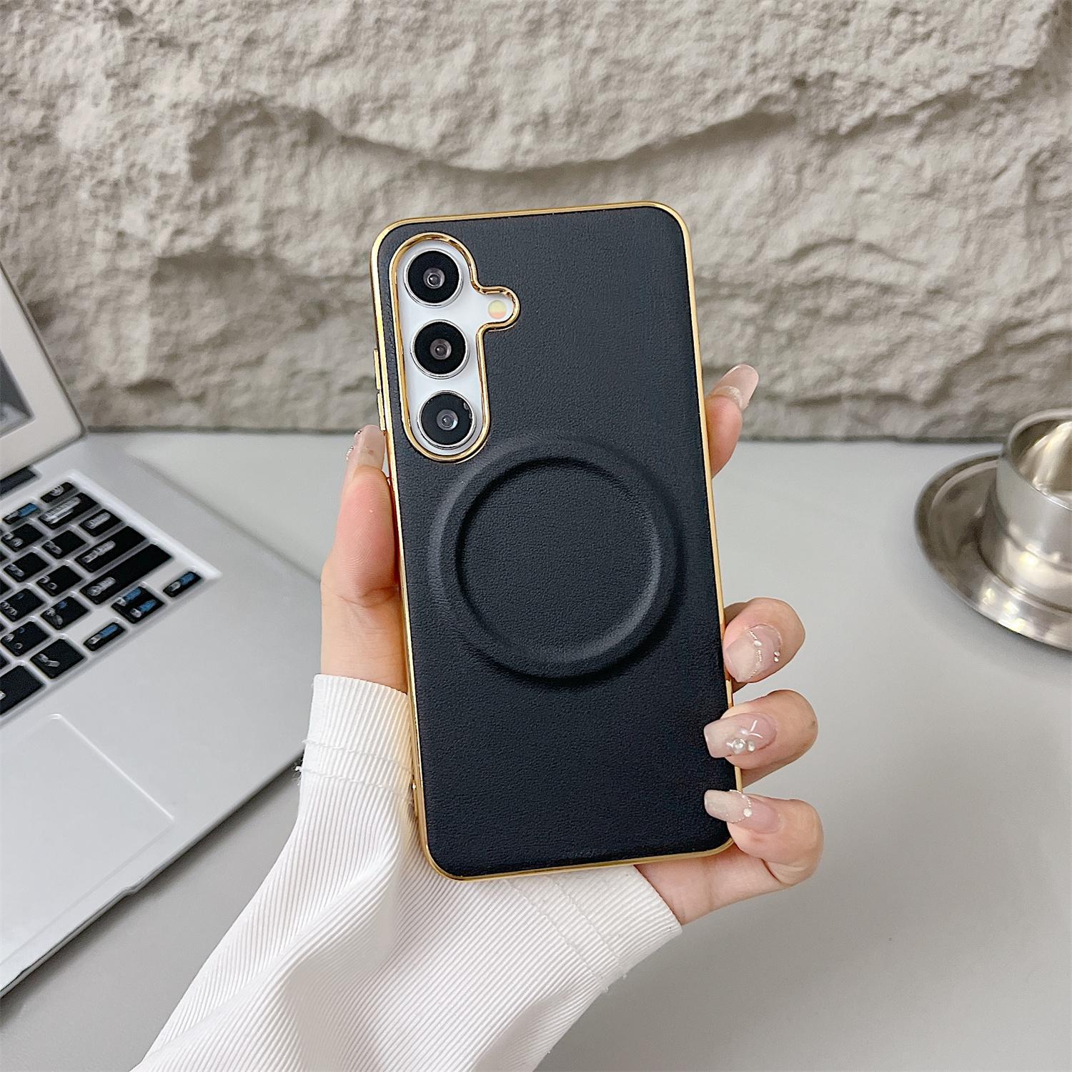 

For Samsung Galaxy S25 Magnetic Case Nappa Texture PU+TPU+PC Phone Back Cover Black