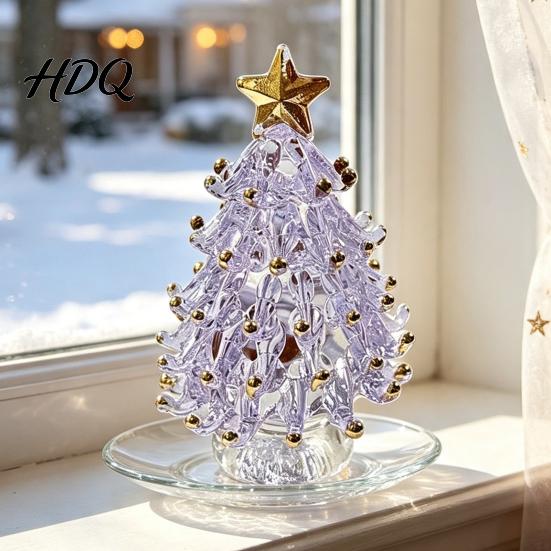 Artisan Glass Collectible Glazed Christmas Tree Ornament with Star Topper Colorful Small Desktop Art Faux Crystal Tabletop Decor for Home