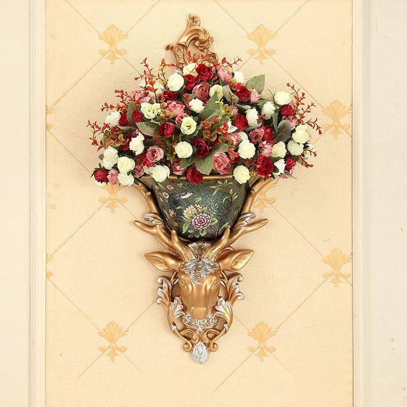 European Resin Deer Head Wall Vase Fake Flower Planter Wall Hanging Ornaments Home Living Room Porch Wall Mural Decor Crafts