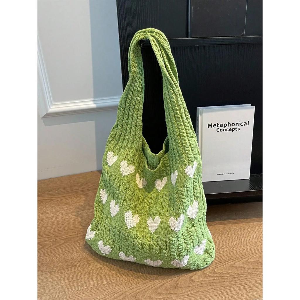 1pc Heart Pattern Color Blocking Crochet Handbag Shoulder Bag Large Capacity Fashion Beach Bag Versatile Commute Bag Large Bag