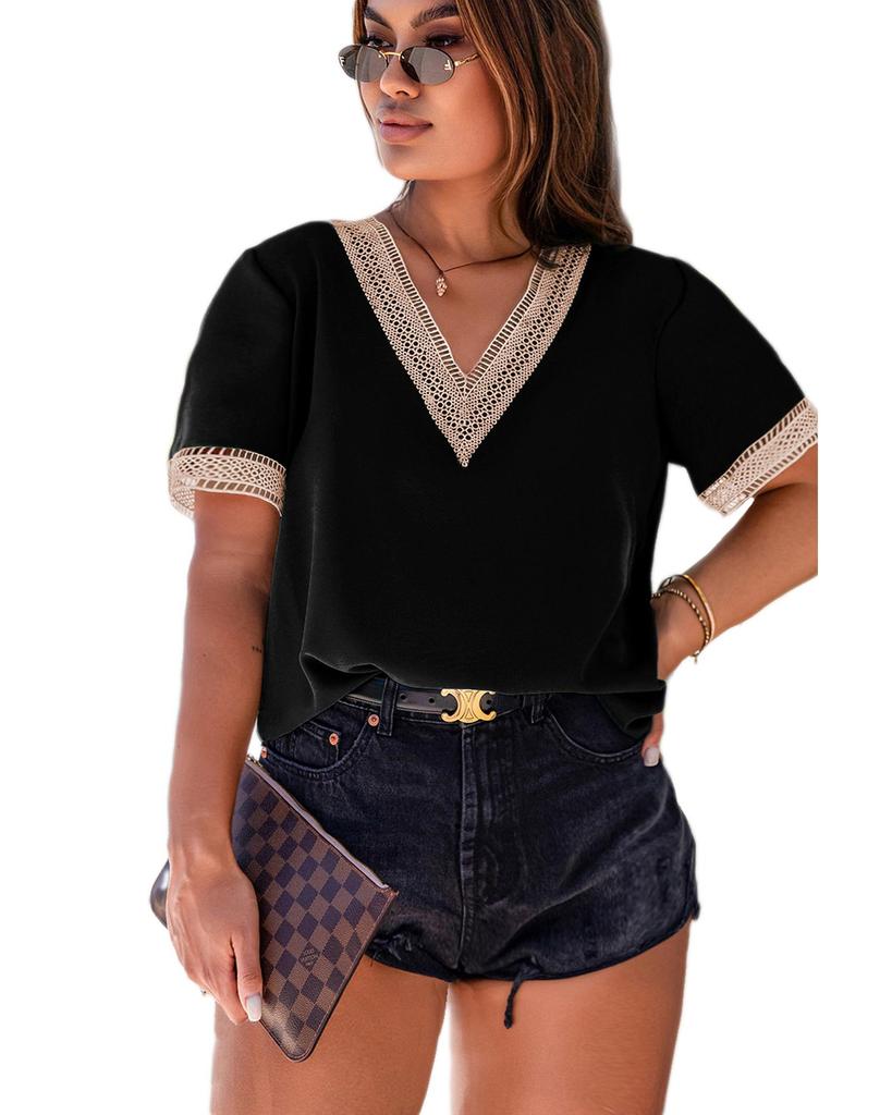 Azura Exchange Black Lace Trim Short Sleeve V Neck Plus Size Top