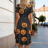 Women's V-Neck Short Sleeve Casual Dress with Halloween Print for Everyday Wear