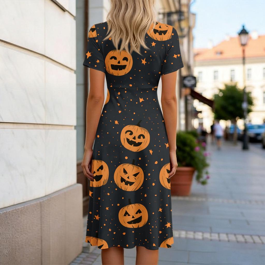 Women's V-Neck Short Sleeve Casual Dress with Halloween Print for Everyday Wear