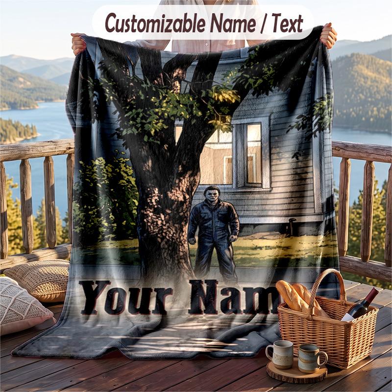 Custom Text Flannel Throw Blanket, Lightweight Cozy Bed Sofa BlanketHalloween Michael Myers