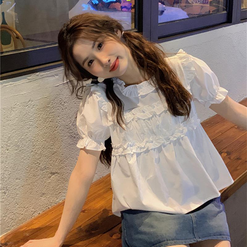 Temperament Fungus Edge Bubble Sleeve Doll Shirt Women's Summer New Loose Age Reduction Thin Short Sleeve Shirt