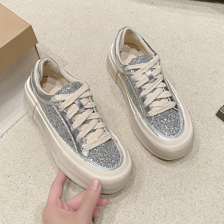 

Женские кроссовки на толстой подошве, грязные, весна 2025, как у Дун Цзе, белые, ретро, спортивные и повседневные туфли, кеды, модные и повседневные 40 серебряный