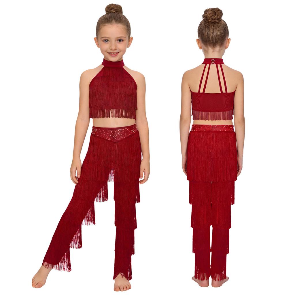 Children‘s Latin Dance Outfit Sleeveless Back Straps Crop Top Layered Tassels and Matching Elastic Waist Fringe Pants for Salsa Competition
