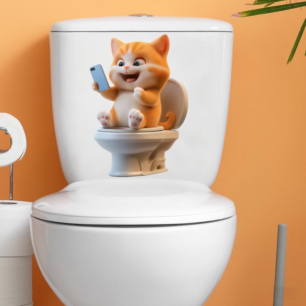 Cute Dog Looking At Phone Waterproof Self Adhesive Toilet Lid Sticker Bathroom Renovation Decor