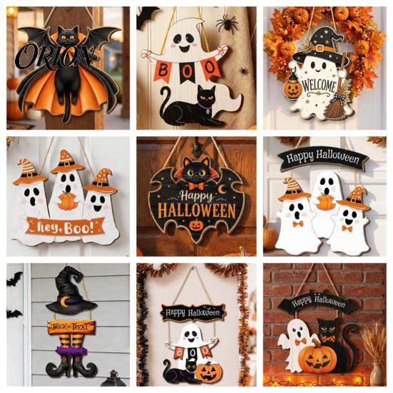 Holiday Party Supplies Halloween Wooden Hanging Sign, Rustic Ghost Bat Black Cat Witch Hat Wall Decor, Balcony Window Decor Spooky Pendant with