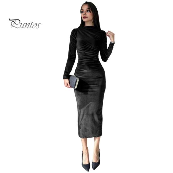 

Женское вечернее платье облегающего кроя с плиссированным вырезом лодочкой и длинным рукавом, однотонное платье миди длиной до икры, коктейльное платье для выпускного вечера L