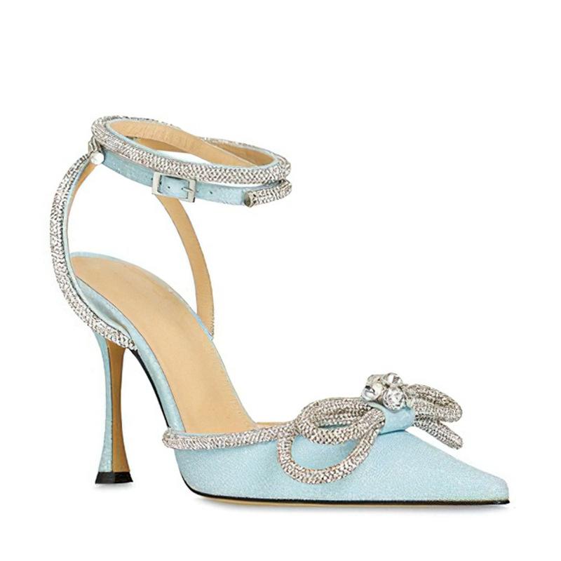 European and American high heels 2025 new bow women's shoes rhinestone pointed single shoes straps thin heel super high heel