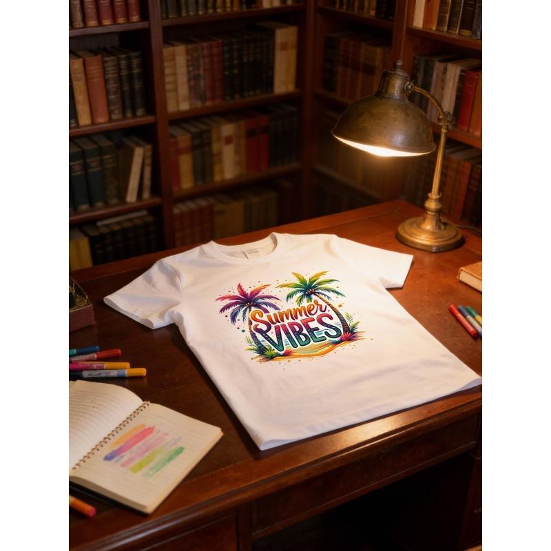 European Size Women's Plus Size White Tropical Palm Tree & Summer Vibes Graphic T-Shirt - Relaxed Fit Round Neck Short Sleeve, Soft Stretch Fabric