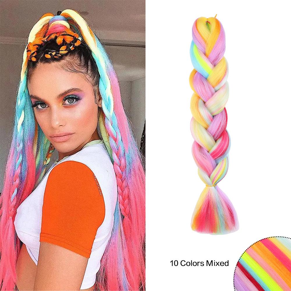 Jumbo Braiding Hair Rainbow Colors Extensions Fiber Mix Four Silky Colorful Twist Hair Extensions  Colored Synthetic Braids
