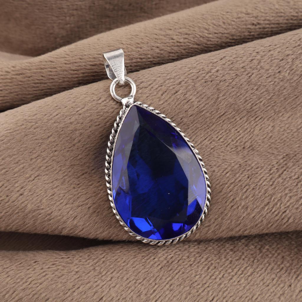 Blue Sapphire Gemstone Silver Pendant 1.8" , 925 Sterling Silver Jewelry, Partywear Pendant, Valentine's Day Gift For Wife PP-65-6