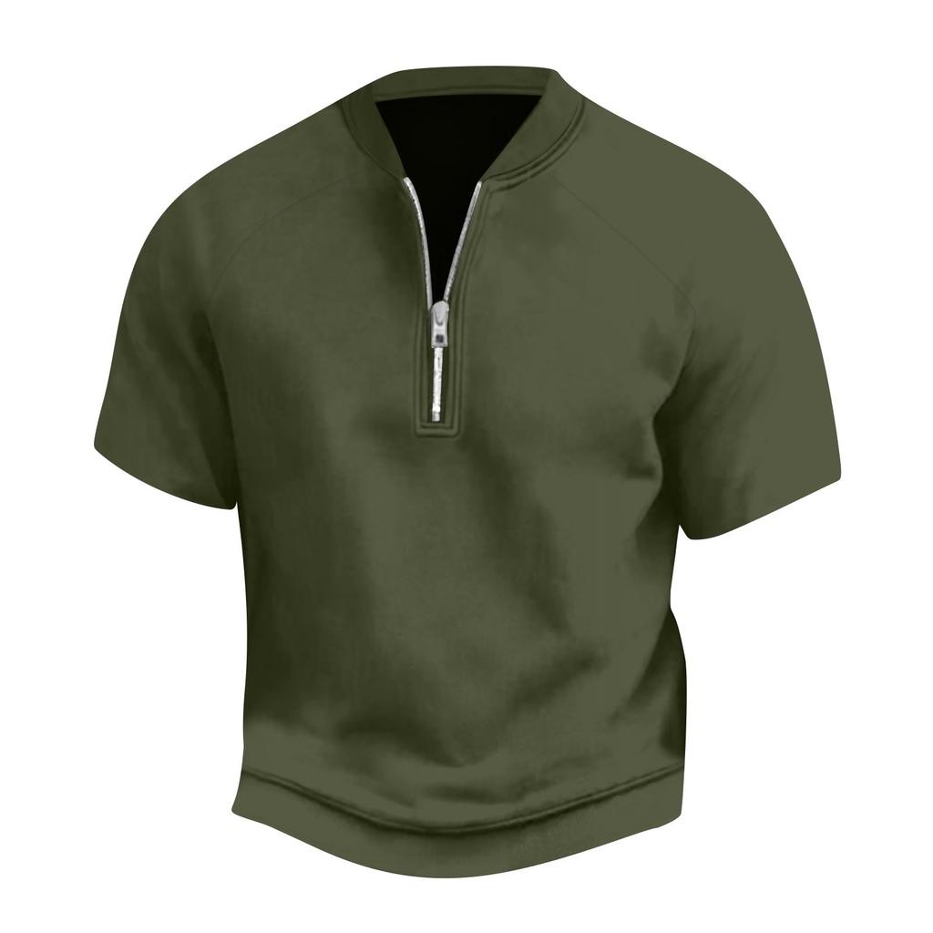 Men's Summer Solid Color Casual T-shirt Sports Breathable Zipper Collar Top