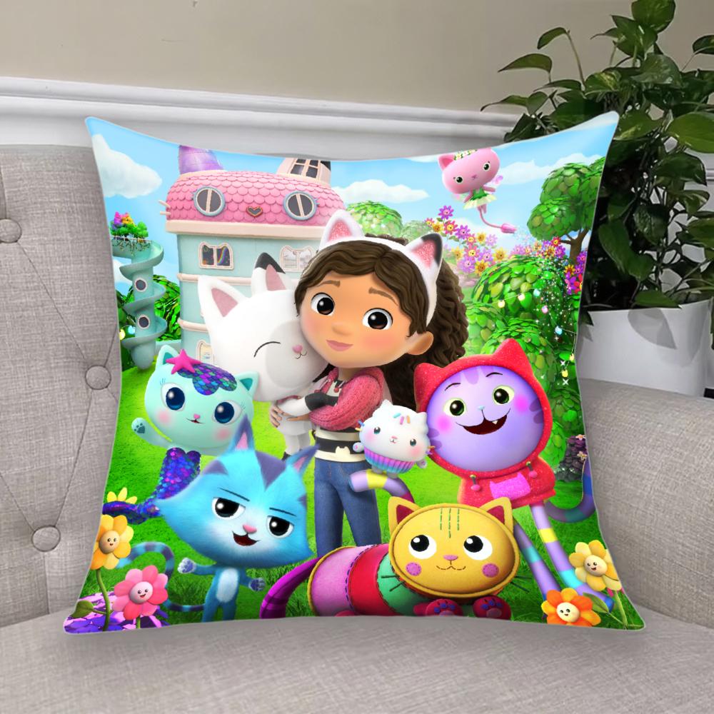 Cartoon Anime Gabby Dollhouse Short Plush Cushion Cover Pillow Case Double-Sided Printing Zipper Closure Sofa Party Home Decor