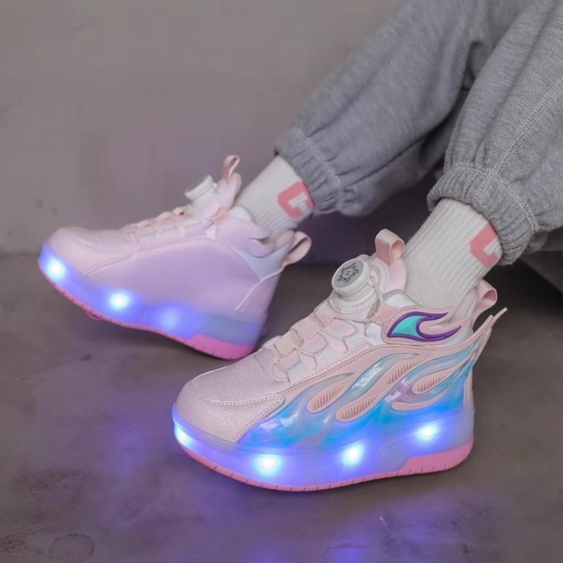 Barnesko med to hjul, roterende knapp, LED, oppladbare, lysende rulleskøyter, dobbel rad, Heelys-sko, rulleskøytesko