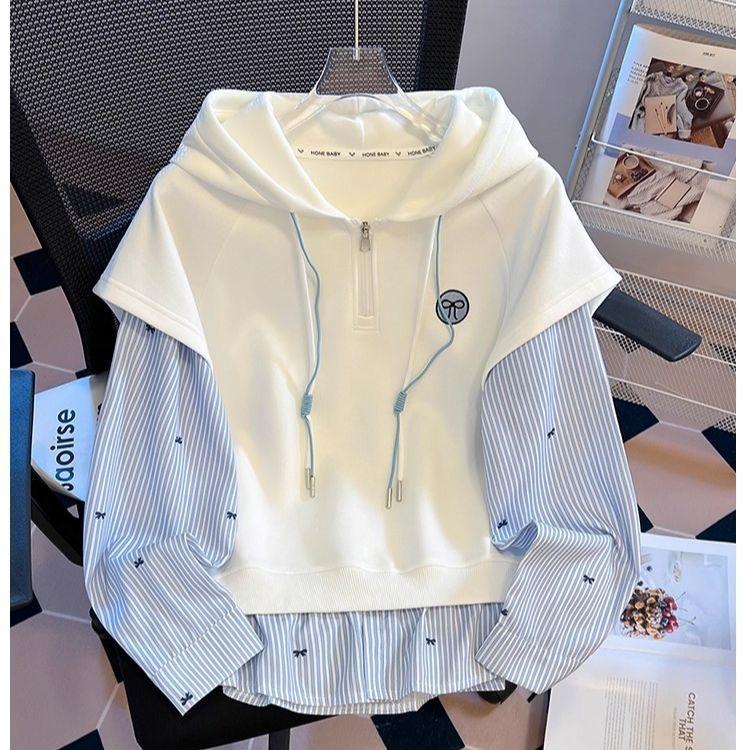 Women Autumn Korean Stripe Fake Two-piece College Hooded Semi-zipper Long-sleeved Sweater Top