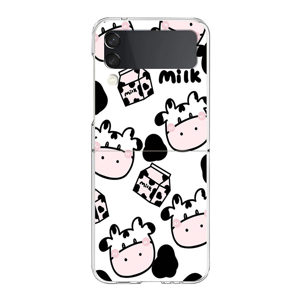 Transparent Phone Case For Samsung Galaxy Z Flip 3 4 5 6 7 Hard Folding PC Z Flip3 Flip4 Cover Dairy Cattle Cow Speckle Cute