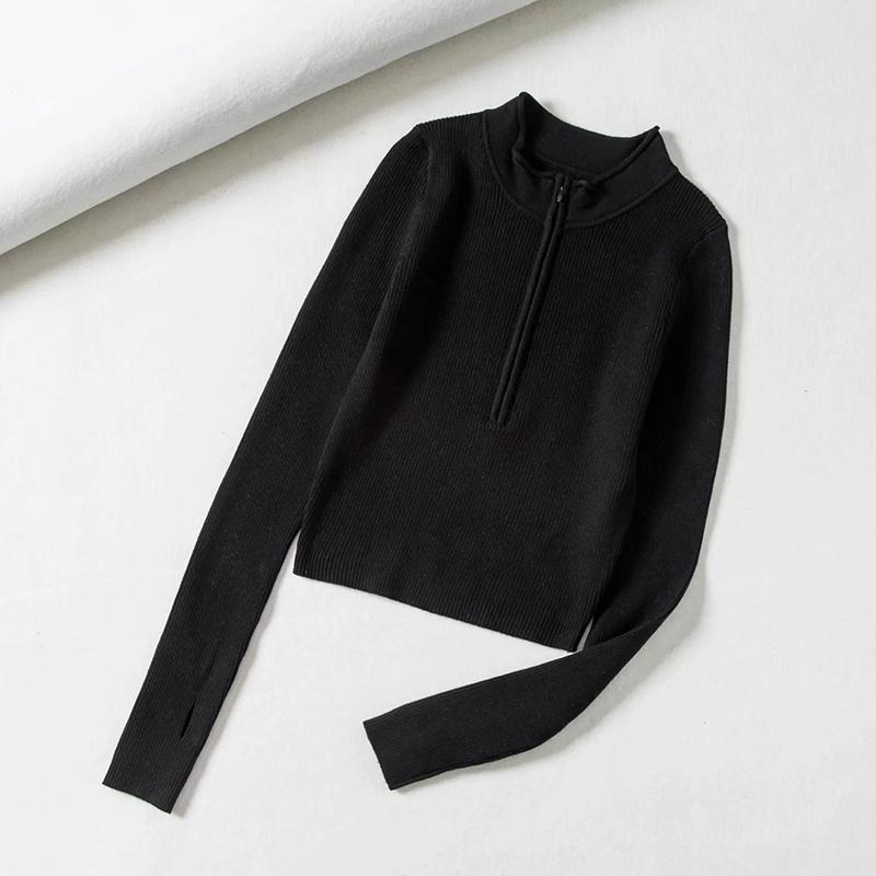 

Элегантный вязаный свитер с высоким воротом и молнией спереди, женский однотонный базовый укороченный пуловер, модная одежда на зиму и весну, топ One Size чёрный