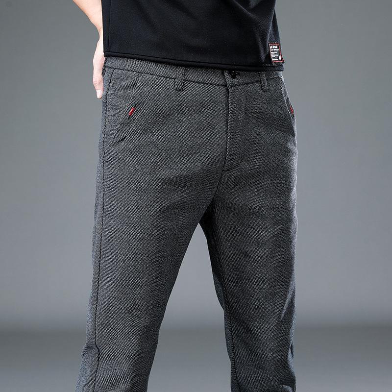 Pánské zimní silné teplé strečové ležérní kalhoty - plyšové, rovné, volného střihu, módní kalhoty