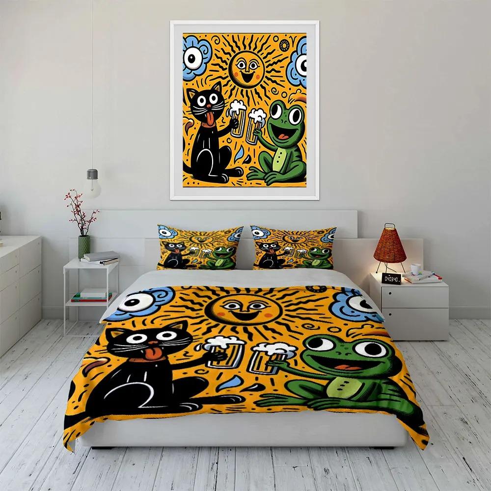 Black Cat and Frog Enjoying Beers Print Bedding Set Duvet Cover Pillowcase, 2/3Piece for Boys Girls Bedroom Decor Twin Full size