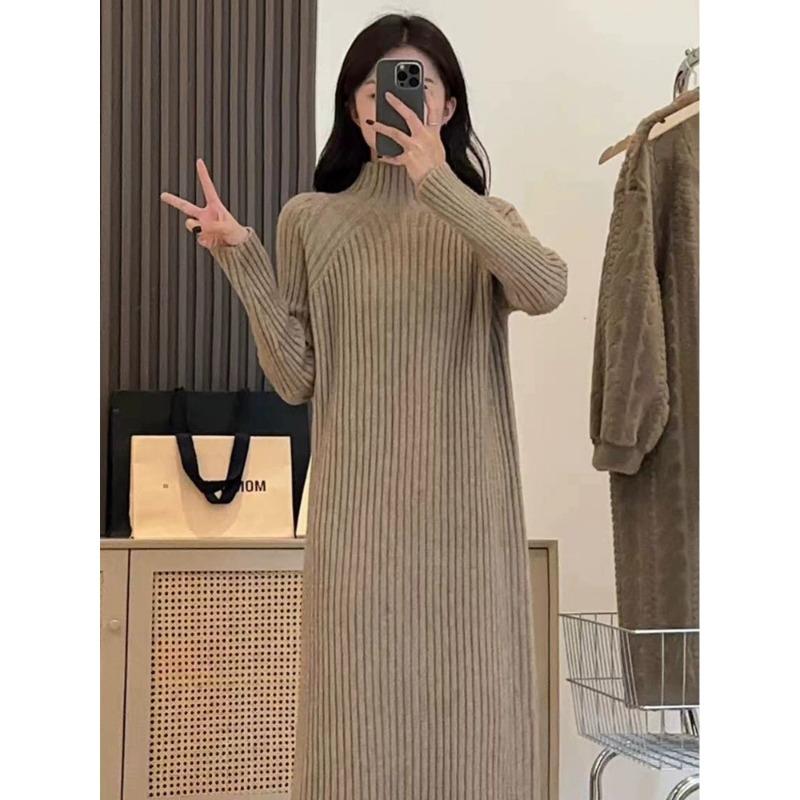 Versatile Semi-turtleneck Knitted Dress Women's Autumn and Winter New Basic Loose and Thin Medium and Long Sweater Skirt