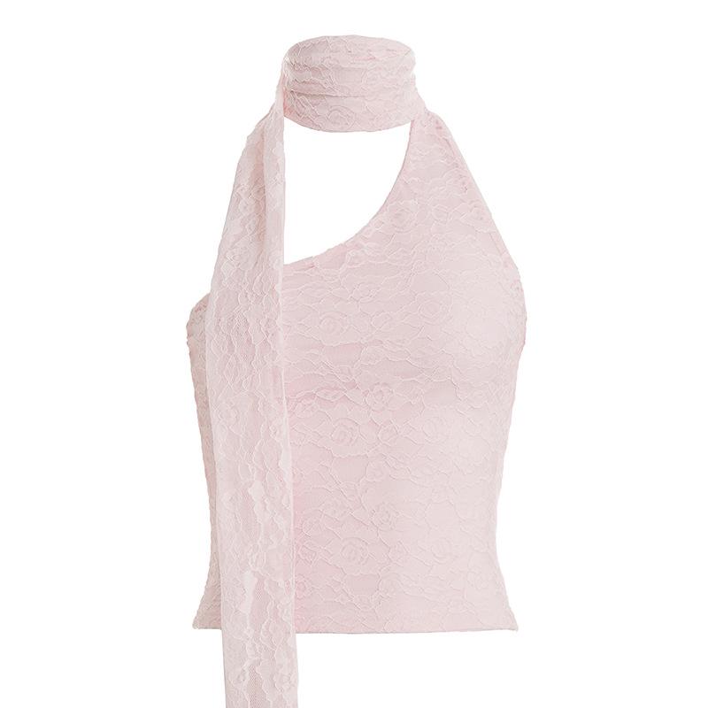 INS 2026 Spring Women s Lace Patchwork Pink Halter Asymmetrical Neck Sleeveless Top - Pure Desire Hot Girl Style S розовый