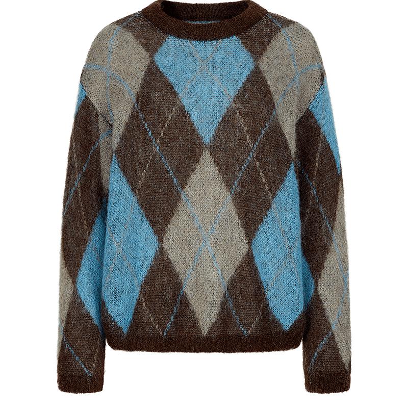 JZ ANNAKO Γυναικείο Πλεκτό Πουλόβερ από Μαλλί με Καρό Σχέδιο και Κατεβασμένους Ώμους