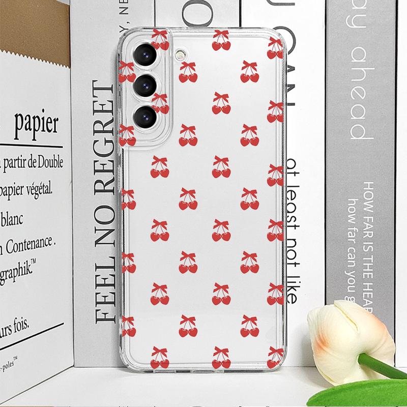 Korean Cute Cherry Bow Silicon Phone Case for Samsung Galaxy S22 S23 S24 S25 Plus Ultra S21 FE Clear Soft Shockproof Back Covers