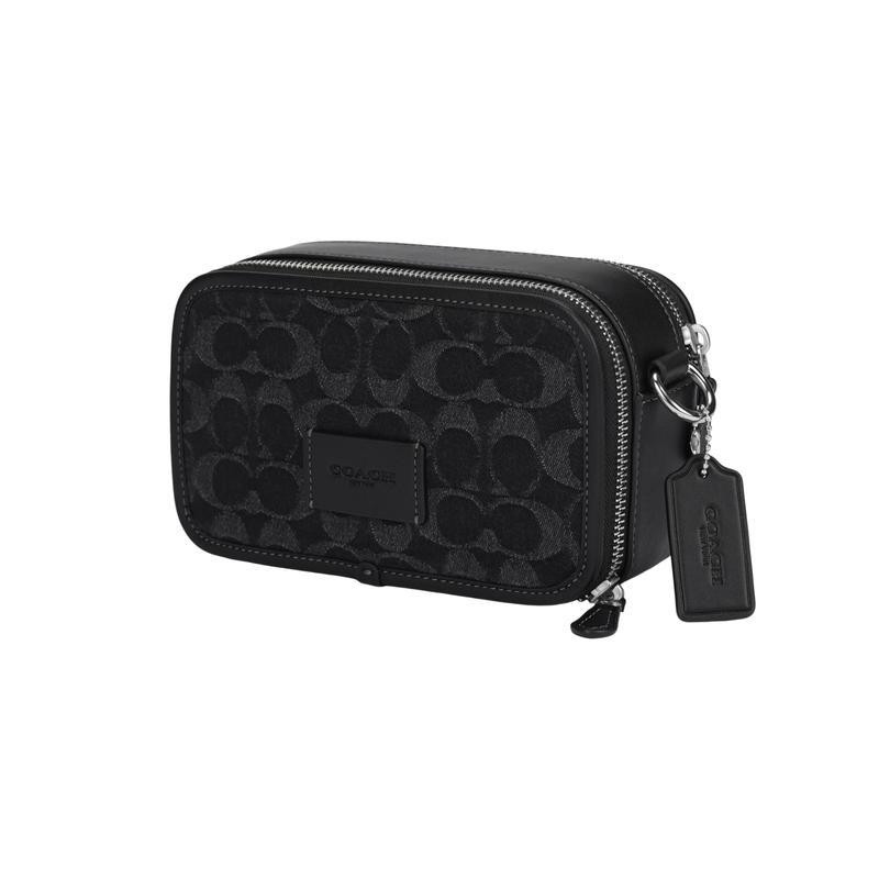 COACH 20 Brand logo printed zipper closure Fabric and cowhide leather Shoulder crossbody bag Small Men's Black