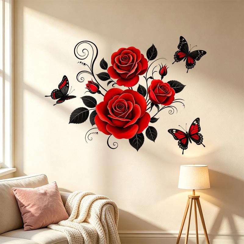 Valentine Rose Vine Butterfly Wall Sticker Self Adhesive Removable Red Flower Decal Dining Room Living Room Home Decor