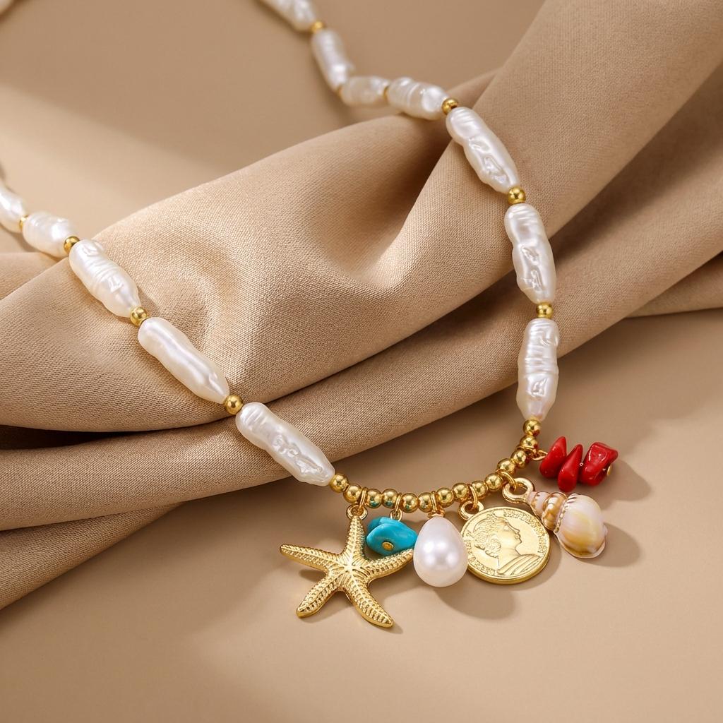 Boho Baroque Imitation Pearl Necklace For Women Starfish Conch Coin Pendant Charm Choker Beach Party Vacation Jewelry Gift