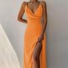 Womens Sleeveless V Neck Bodycon Dress Sexy Spaghetti Strap High Slit Ruched Midi Dress Cocktail Party Wedding Guest Dress