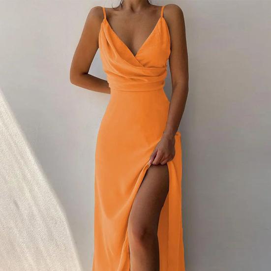 Womens Sleeveless V Neck Bodycon Dress Sexy Spaghetti Strap High Slit Ruched Midi Dress Cocktail Party Wedding Guest Dress