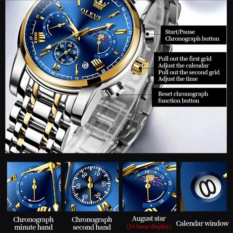 Stainless Steel Watch for Men High Quality Roman Multifunction Design Dial Moon Phase Waterproof Wristwatch