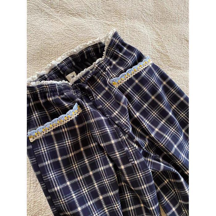 

Потрясающие клетчатые кружевные брюки-палаццо в стиле кэжуал - Женские весенние свободного кроя Medium синий