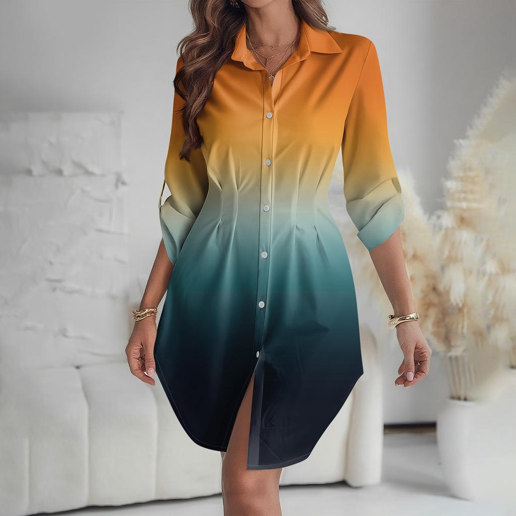 Damen Locker sitzendes V-Ausschnitt Langarmkleid Druck Arbeitshemdkleid