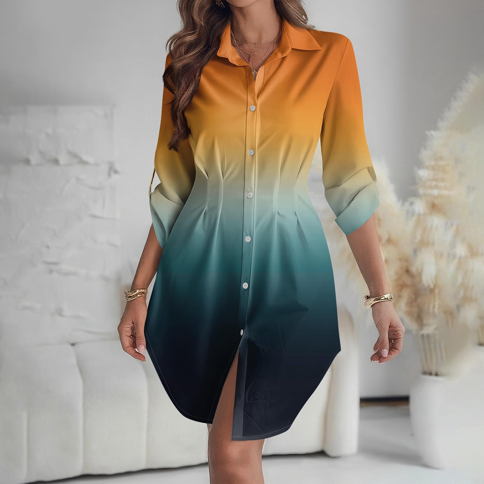 

Женское платье свободного кроя с V-образным вырезом и длинными рукавами, с принтом, платье-рубашка для работы XL оранжевый