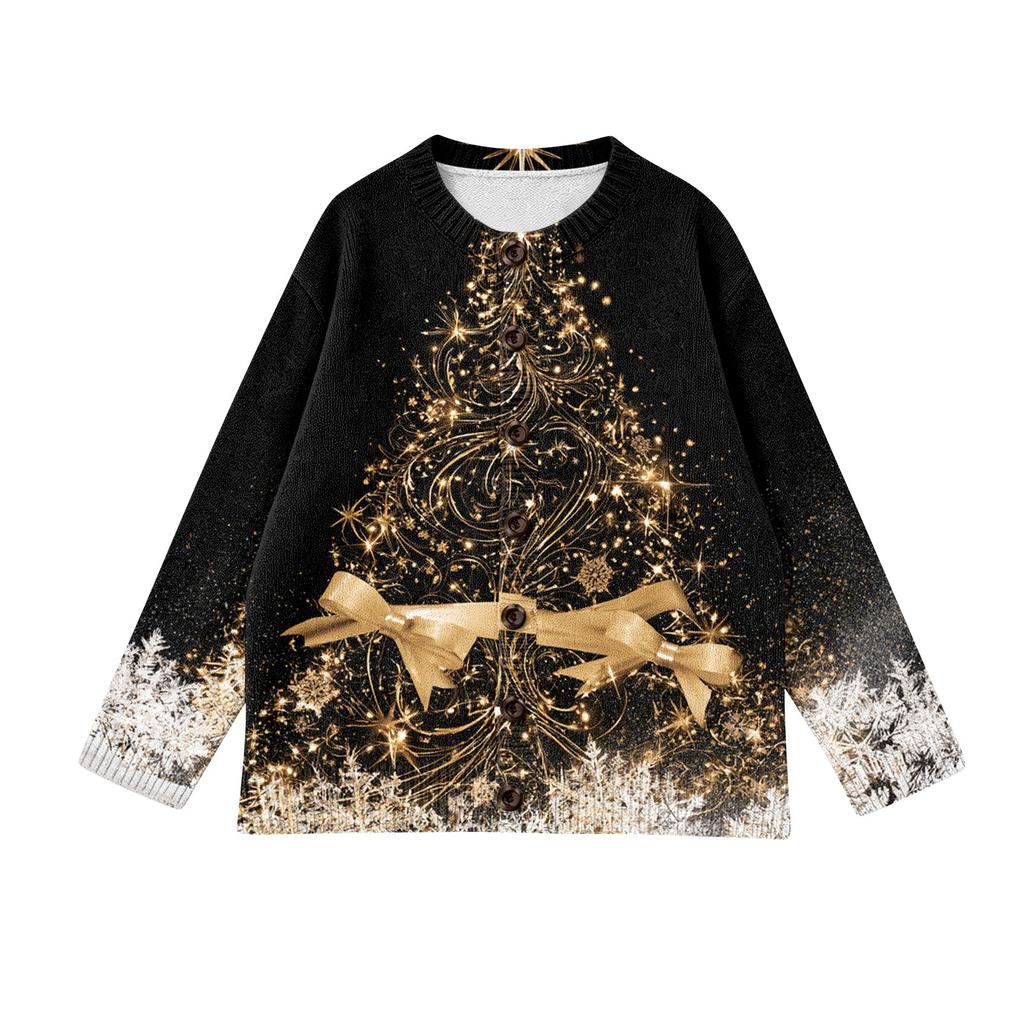Cardigan a maglia da donna casual con stampa natalizia, manica lunga, bottoni, cappotto per le feste