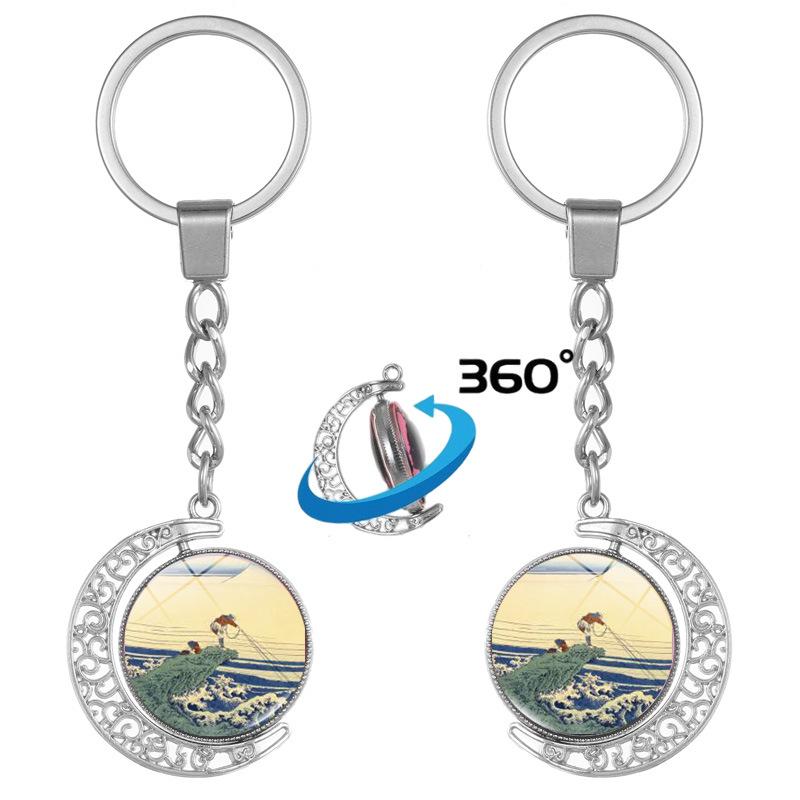 Japanese Wave Ukiyo-e Art Double-Sided Rotating Keychain Pendant