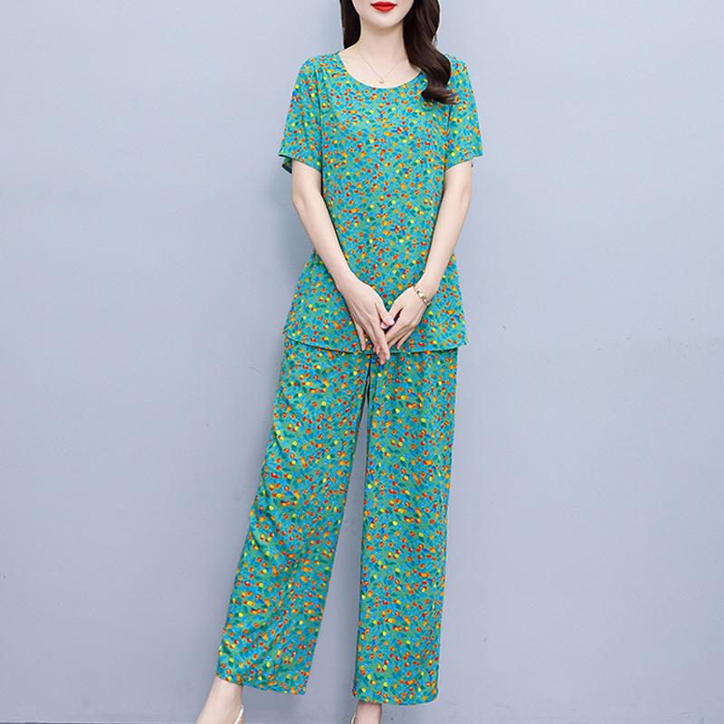 Plus Size Sommer-Vintage-Druck-Hosen-Sets mit weitem Bein, lässig, elegant, lockere Sets für Damen, 2-teilig