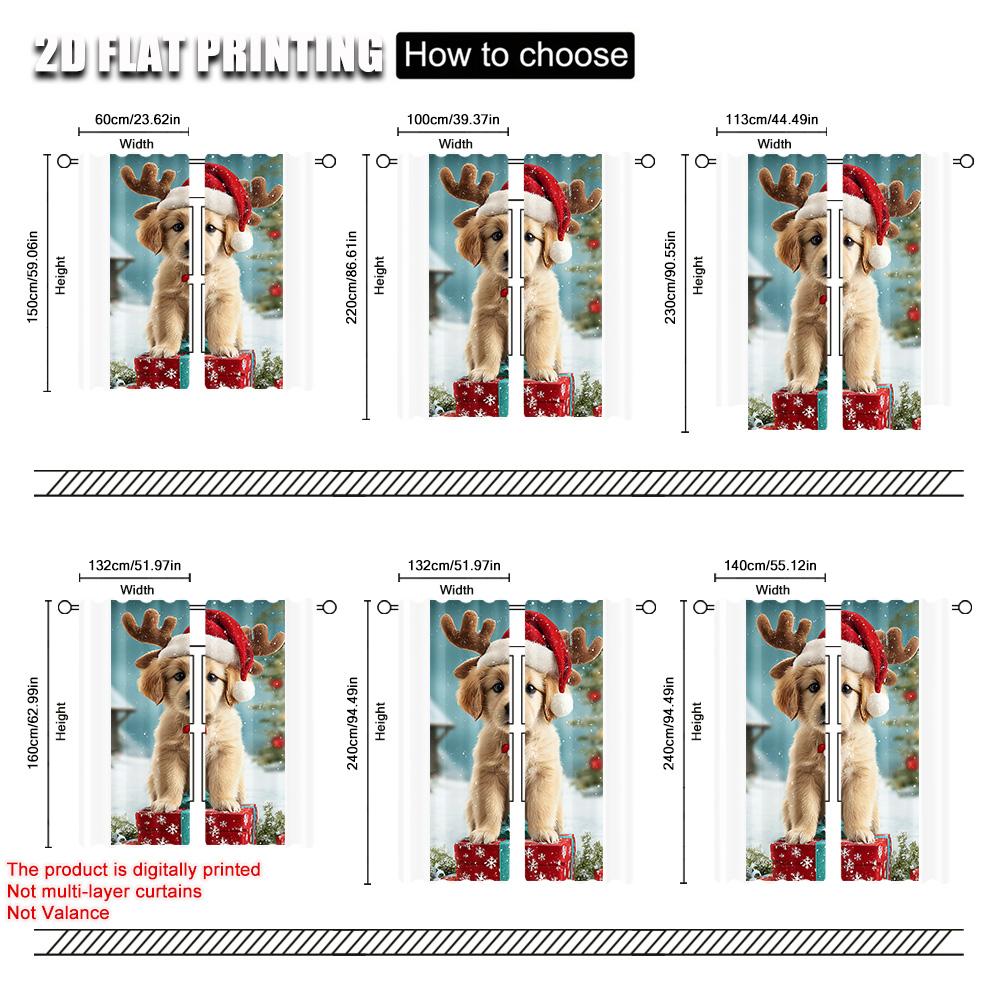 2Pcs,2D Plane Printing Popular Curtain Panels Merry Christmas Puppy Gift Polyester Easy Install (Without Rod) Decorations For