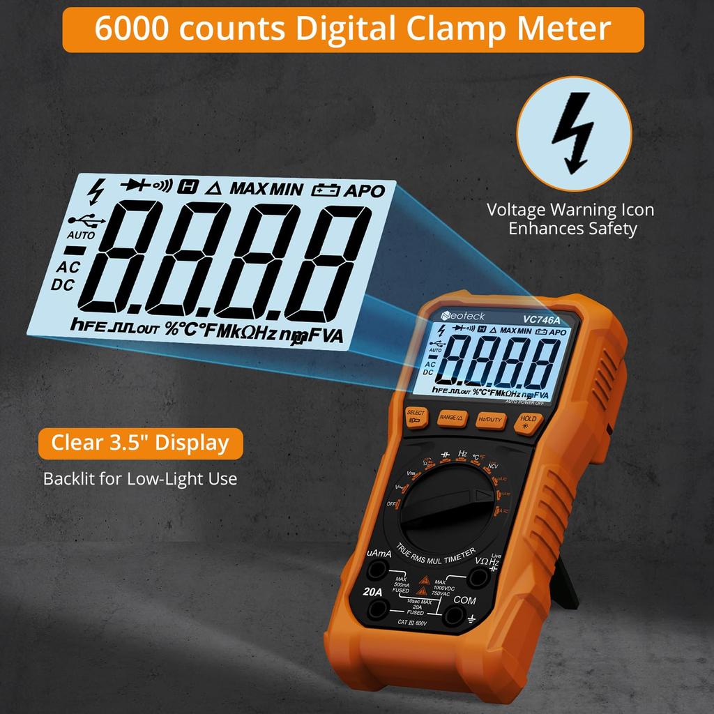 Neoteck 6000 Count TRMS Digital Multimeter Tester with AC/DC Voltage, AC/DC Current, Resistance, Capacitance, Frequency, Duty Cycle, Temperature, NCV