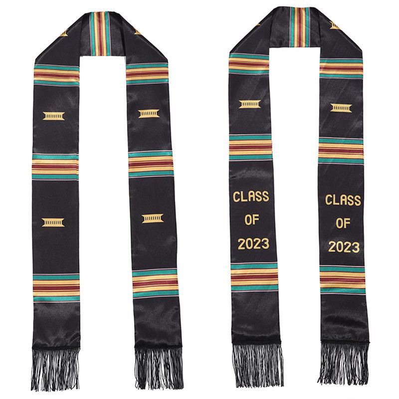 Black Satin Double Layer Tassel Graduation Stole with Logo for Coming-of-Age Ceremony