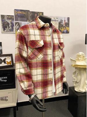 Men's Thickened Plaid Shirt Jacket with Lapel and Pockets - Autumn/Winter