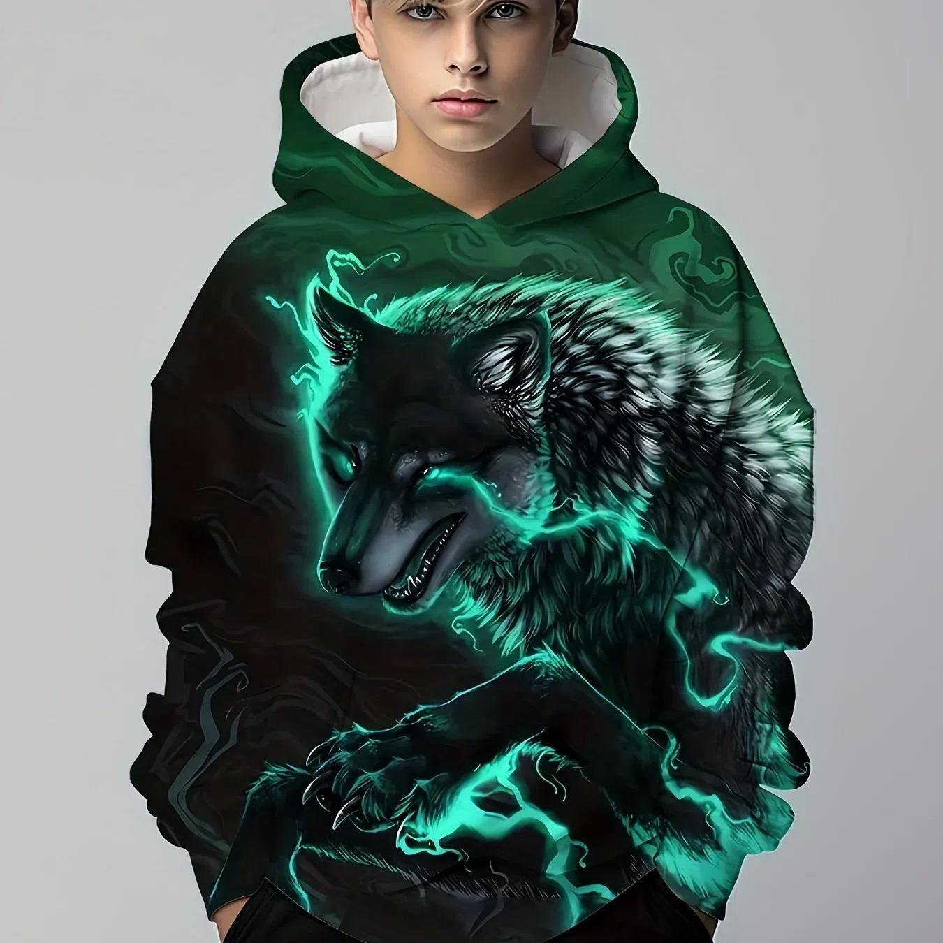 

Модная толстовка с капюшоном с 3D-принтом Luminous Wolf для мальчиков и девочек, крутые спортивные повседневные топы в стиле хип-хоп, стильная уличная одежда 110